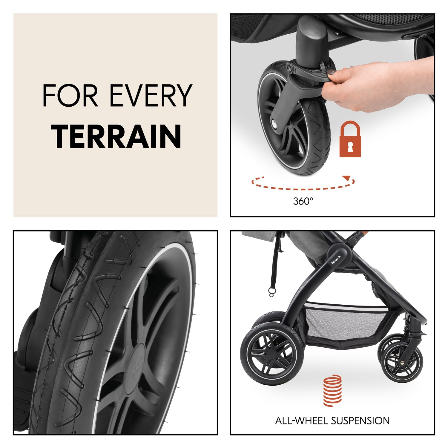 Hauck Uptown Kinderwagen Melange Rose – Kinderwagen für jedes Gelände, extra großer Sitz, flache Liegeposition, Gummiräder, Federung, kompakt und einfach zusammenklappbar, mit Regenschutz