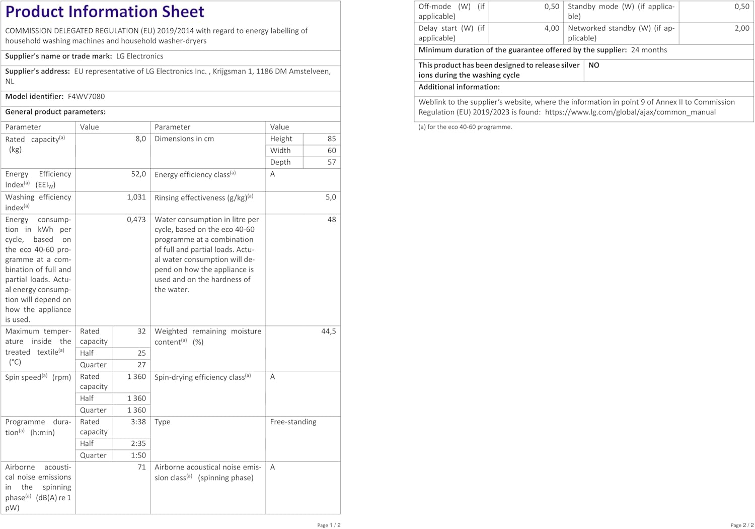 LG F4WV7080, Klasse A, Frontlader-Waschmaschine 8 kg, 1400 U/Min, AI Direct Drive, Wi-Fi, Tiefenreinigung mit Dampf, Große Kapazität, TRIPLE A, Außentür aus Sicherheitsglas, 62 x 60 x 85 cm ꟷ Weiß