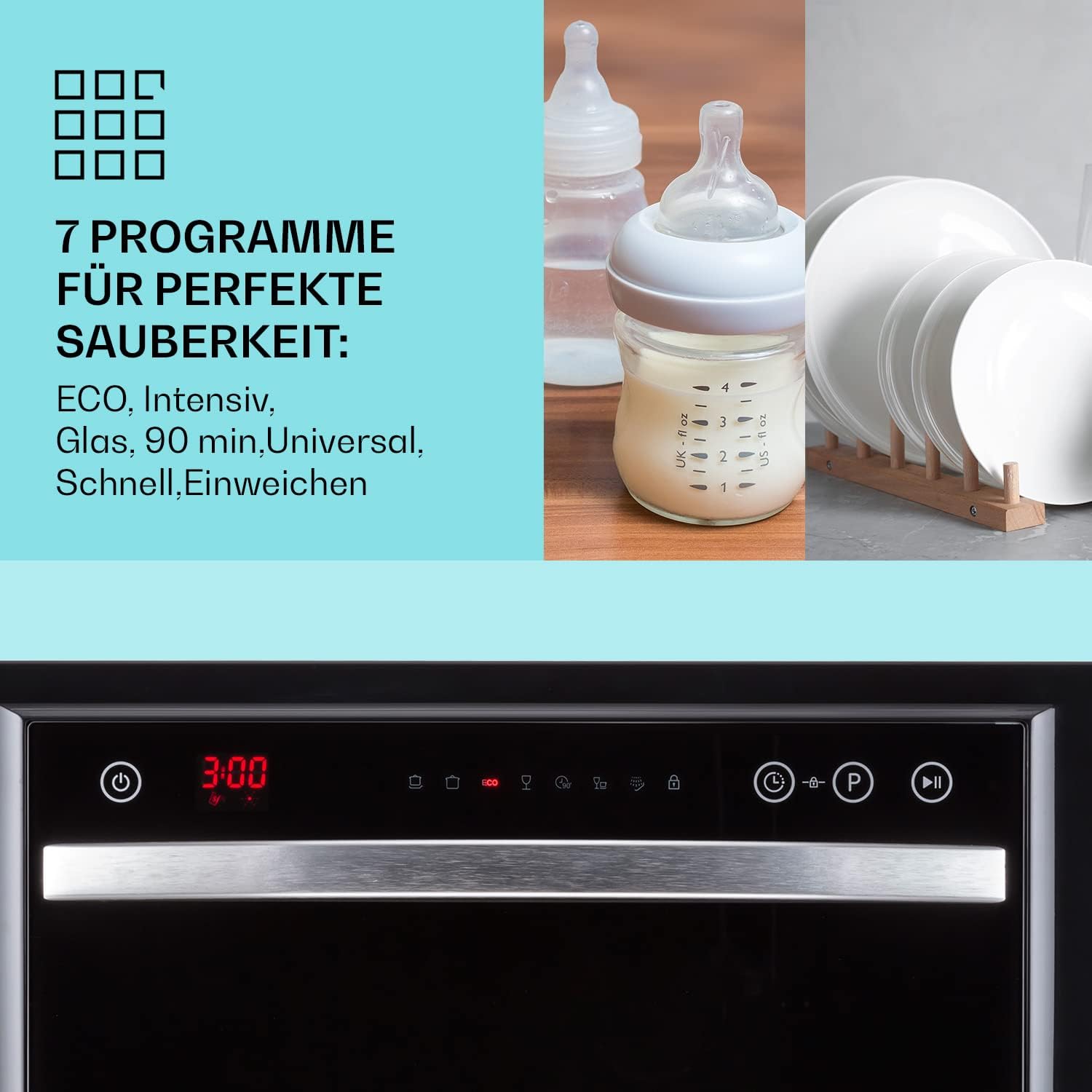 Klarstein ia 8 - Spülmaschine, Geschirrspüler, Freistehend, Teilintegriert, F, 55 cm breit, 8 Maßgedecke, 6 Programme, Aquastop, silber