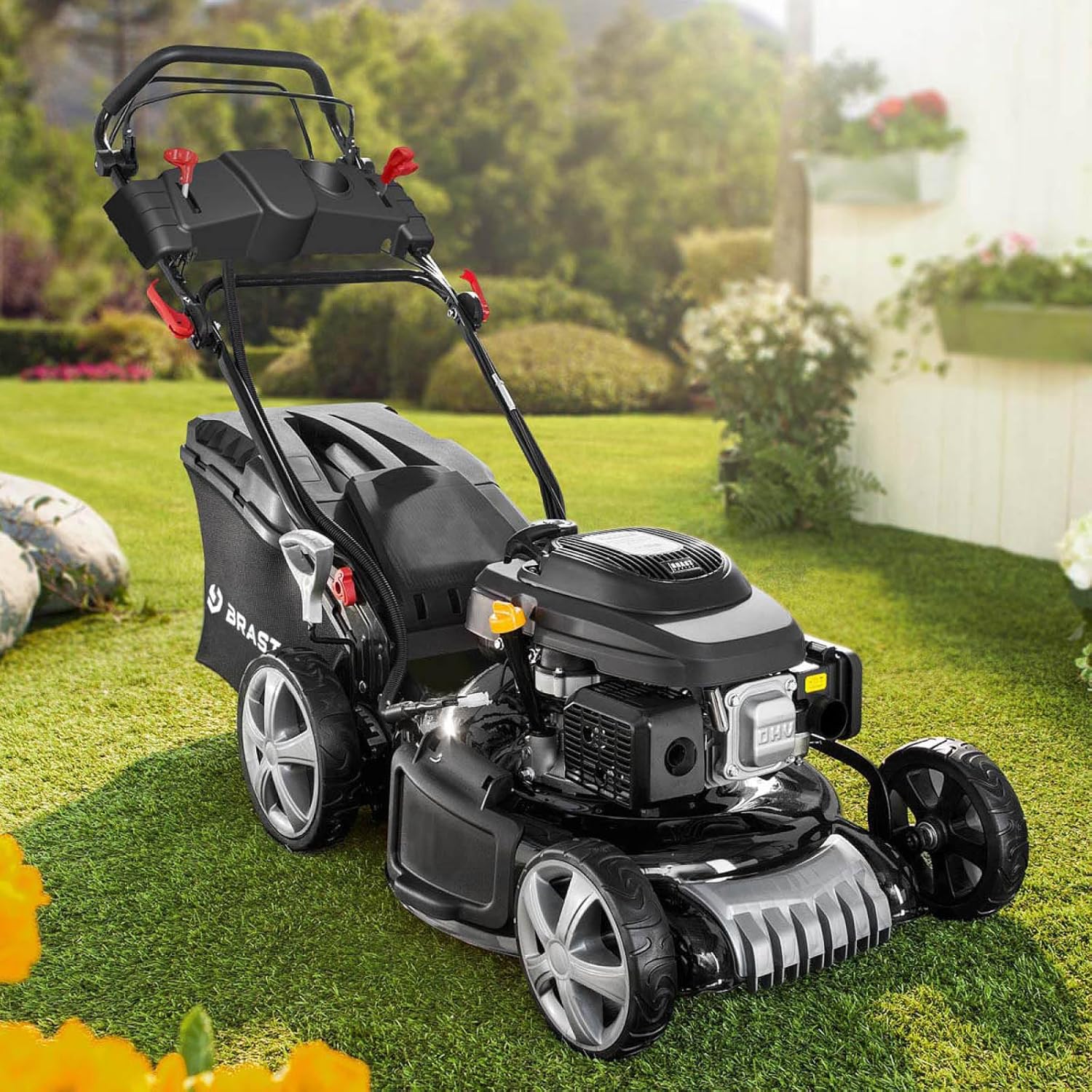 BRAST Benzin Rasenmäher mit Antrieb | 5,2kW(7PS) | Elektrostart | 48cm Schnittbreite | viele Modelle | TÜV | 4 Takt OHV Motor | 30-80mm Schnitthöhe | 60L Fangkorb | Stahlgehäuse | 19224 ESTART Speed