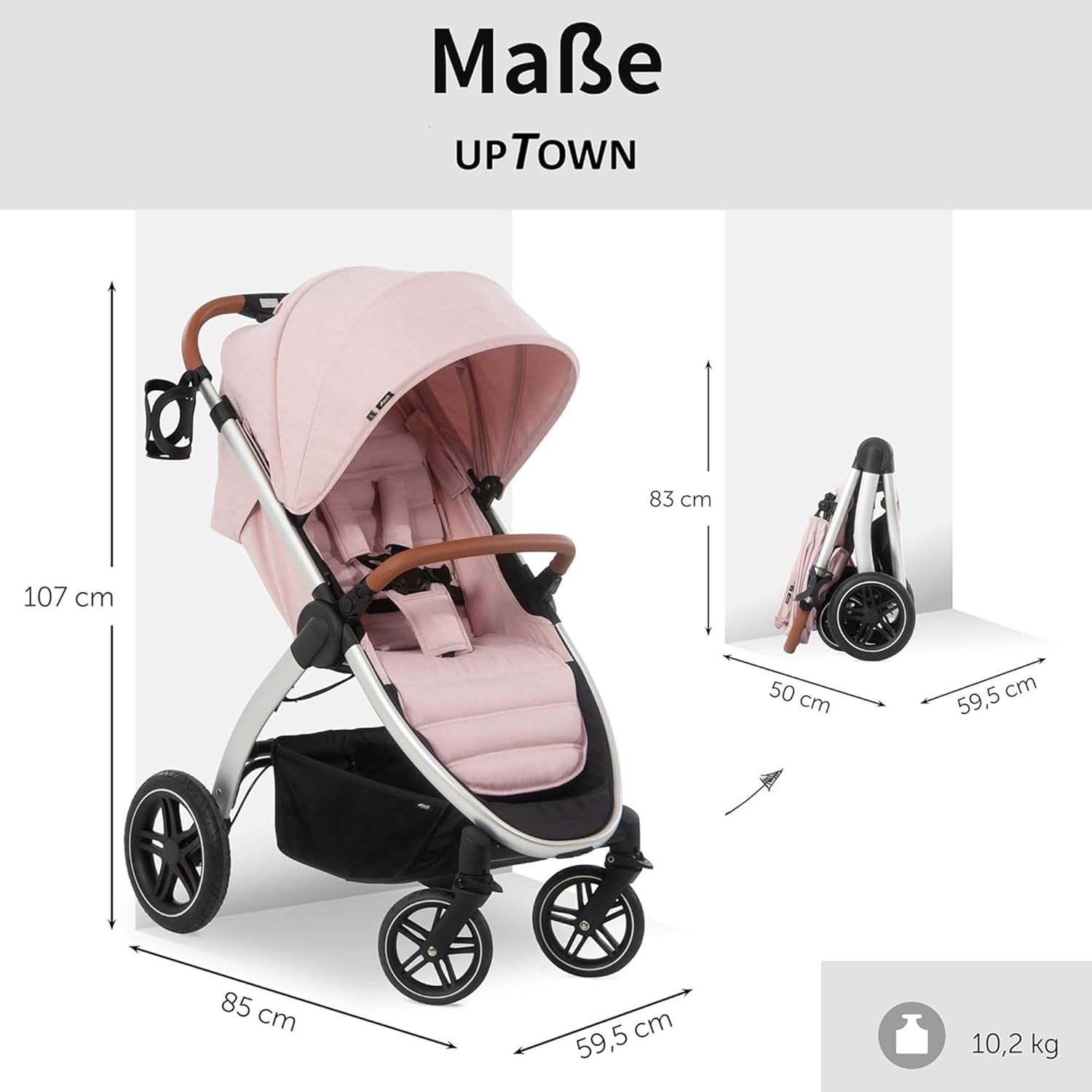 Hauck Uptown Kinderwagen Melange Rose – Kinderwagen für jedes Gelände, extra großer Sitz, flache Liegeposition, Gummiräder, Federung, kompakt und einfach zusammenklappbar, mit Regenschutz