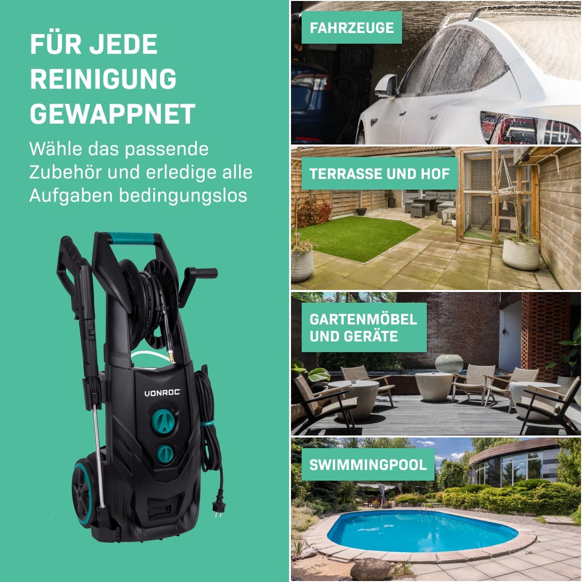 VONROC Profi Hochdruckreiniger 195bar - Fassadenreiniger für schwere Reinigungsarbeiten [2500W] - Hoher Durchfluss [468 l/h] Reinigungstank, Aluminium Pumpe - inkl. Terassenreiniger