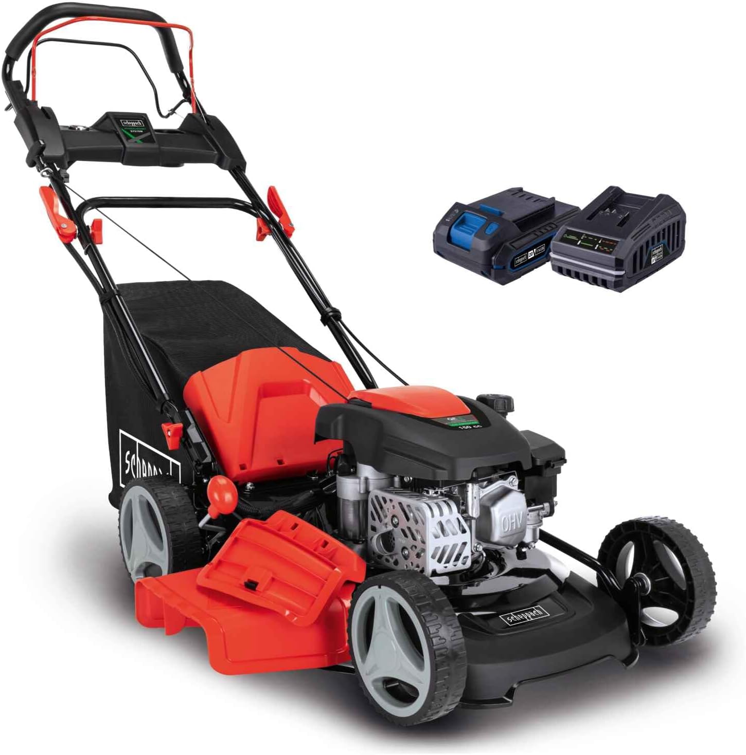 Scheppach MS150-46E Benzin Rasenmäher mit E-Start | 46cm Schnittbreite | Reinigungsfunktion | 55 Liter Fangkorb | Stahlgehäuse | 7-stufige Höhenverstellung | Mulchfunktion | Radantrieb | Seitenauswurf