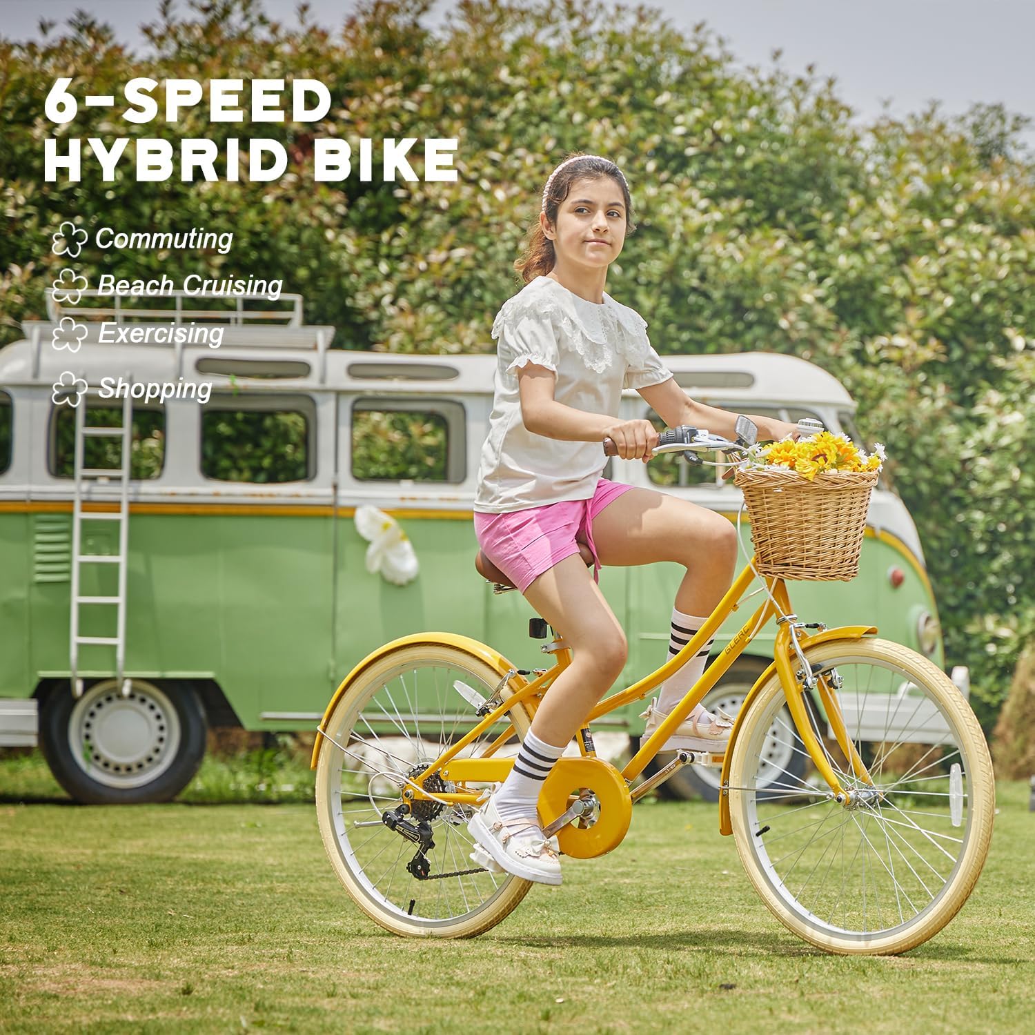 Glerc Missy 20 24 26 Zoll Mädchen City 6-Gang Hybrid Cruiser Fahrrad mit Weidenkorb für Jugend über 6-Jahre alt, mehrere Farben