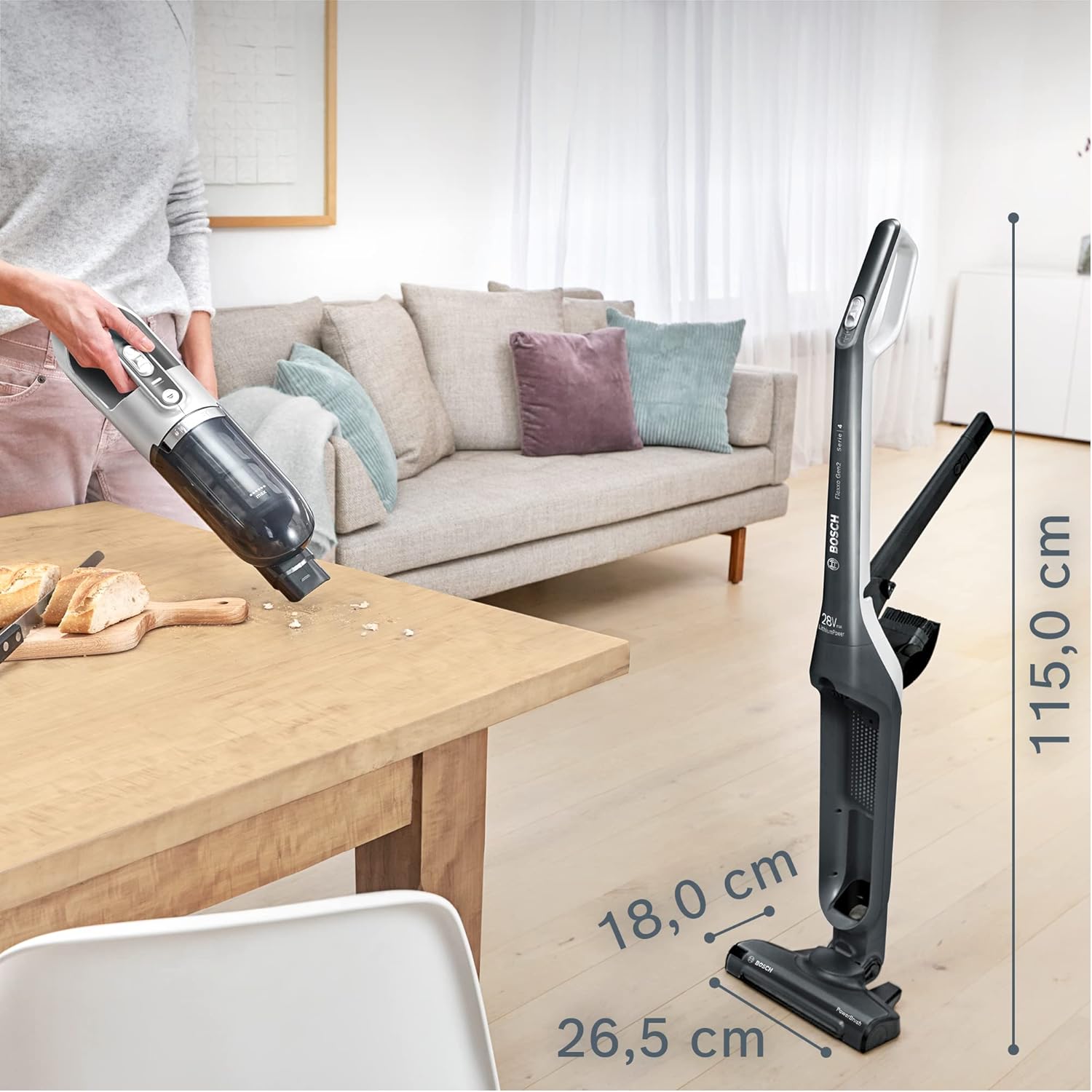 Bosch Akku-Staubsauger Flexxo 2in1 Serie 4 BBH32101, kabelloser Handstaubsauger, beutellos, hohe Saugleistung, Lange Laufzeit, Kurze Ladezeit, Fugendüse, alle Bodenarten, schwarz