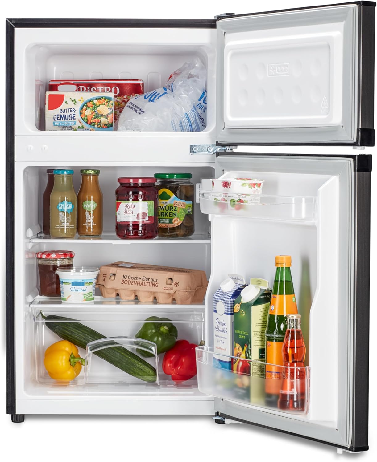 MEDION Mini Kühl-Gefrierkombination (85 Liter, 61L Kühlteil, 24L Gefrierteil, freistehend, 40 dB, transparente Gemüseschublade, Türanschlag wechselbar, MD 37689) grau