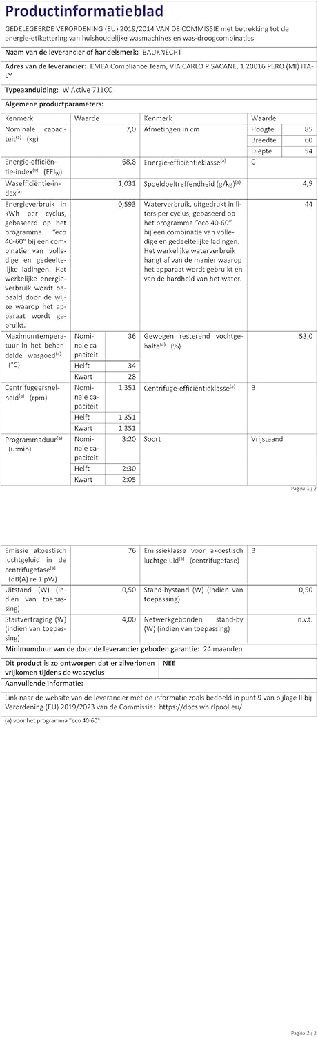 Bauknecht W Active 711 B Waschmaschine-Frontlader/ 7kg/ 1400 U/min/Kraftvolle Fleckentfernung/Dampf Programme/Steam Hygiene mit Antivirus/Steam Refresh/Stopp&Add Funktion/Dynamic Inverter-Motor