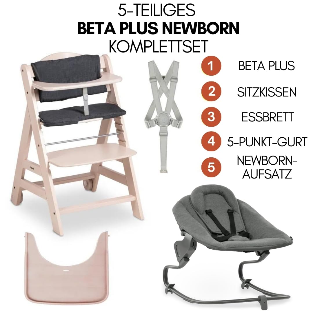 hauck Hochstuhl Beta+ Newborn Set Premium Dark Grey - Babyhochstuhl Set ab Geburt mit Neugeborenen Aufsatz Bouncer, Sitzpolster und Essbrett - Dark Grey