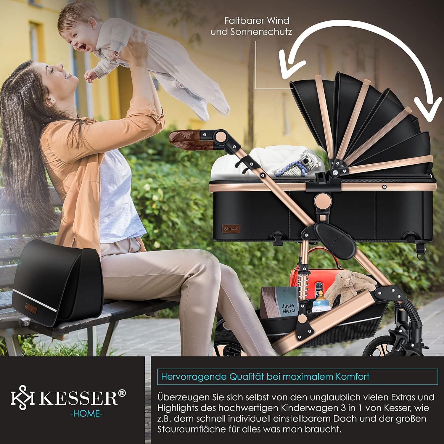 KESSER Loops 3 in 1 Kinderwagen Kombikinderwagen Komplett-Set inkl. Babywanne & Buggy Sportsitz & Auto-Babyschale Voll-Gummireifen Wickeltasche Regenschutz Kindertisch ECE R129, Schwarz/Champagne