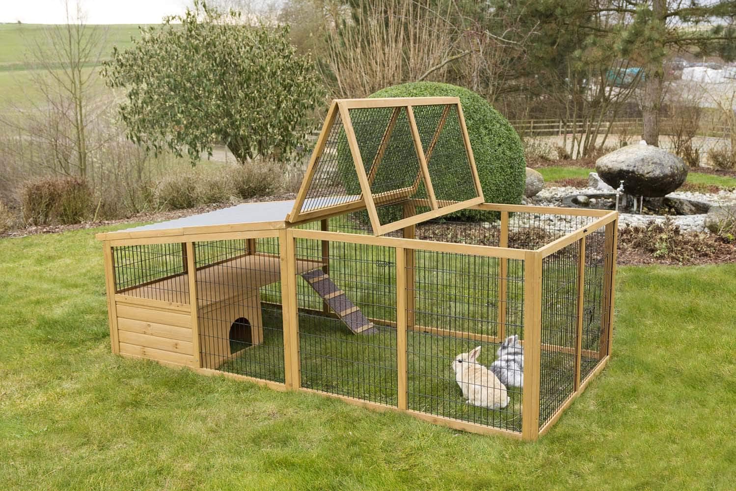 Kerbl Freigehege mit Ausbruchsperre (Gitterabstand 2,5 cm, überdachter Auslauf, mit Kunststoffdach, inkl. Kleintierhaus + Aussichtsplattform) 81708