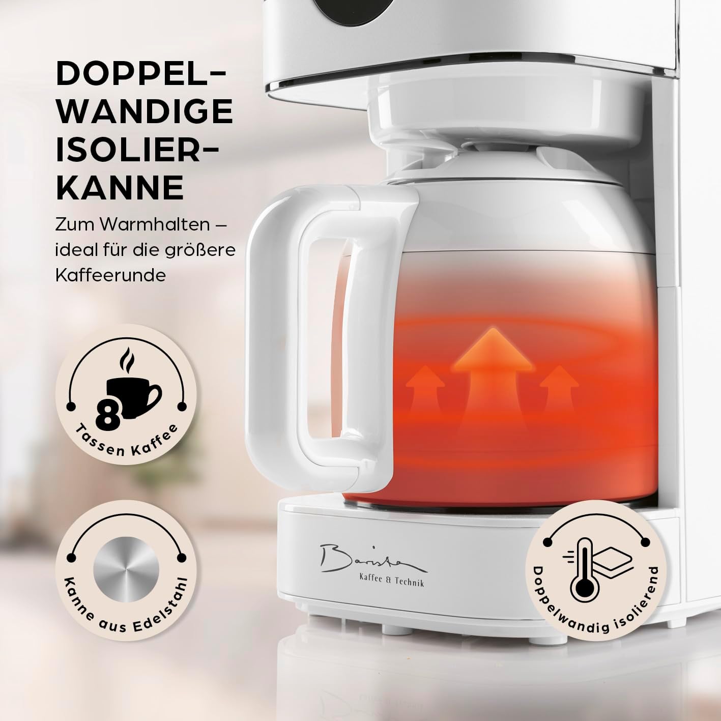 Barista Filterkaffeemaschine mit verstellbarem Mahlwerk & Thermokanne | Warmhaltefunktion, 24h Timer & Permanentfilter | Für 10 Tassen Kaffee | Kaffeemaschine für Bohnen & Pulver [Edelstahl]