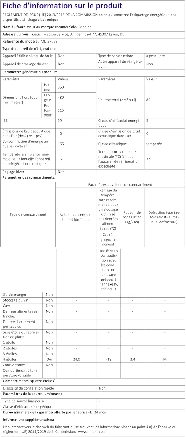 MEDION Mini Kühl-Gefrierkombination (85 Liter, 61L Kühlteil, 24L Gefrierteil, freistehend, 40 dB, transparente Gemüseschublade, Türanschlag wechselbar, MD 37689) grau