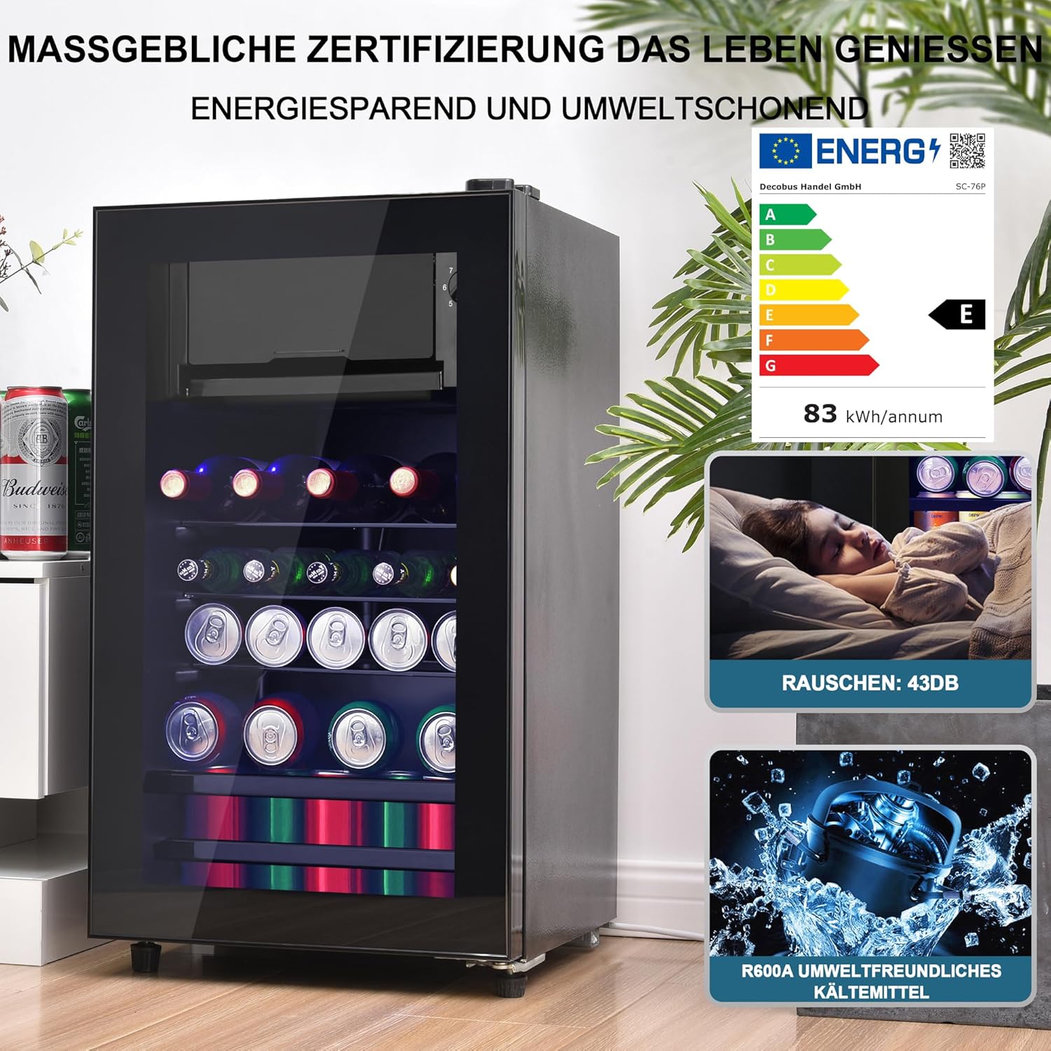 Merax Kühlschrank 128L, Freistehend Getränkekühler mit 120L-Kühlschrank + 8L-Gefrierschrank, mit LED-Innenbeleuchtung und Verstellbare Einlegeböden, Superleise für Restaurant, Bar, Getränke und Bier