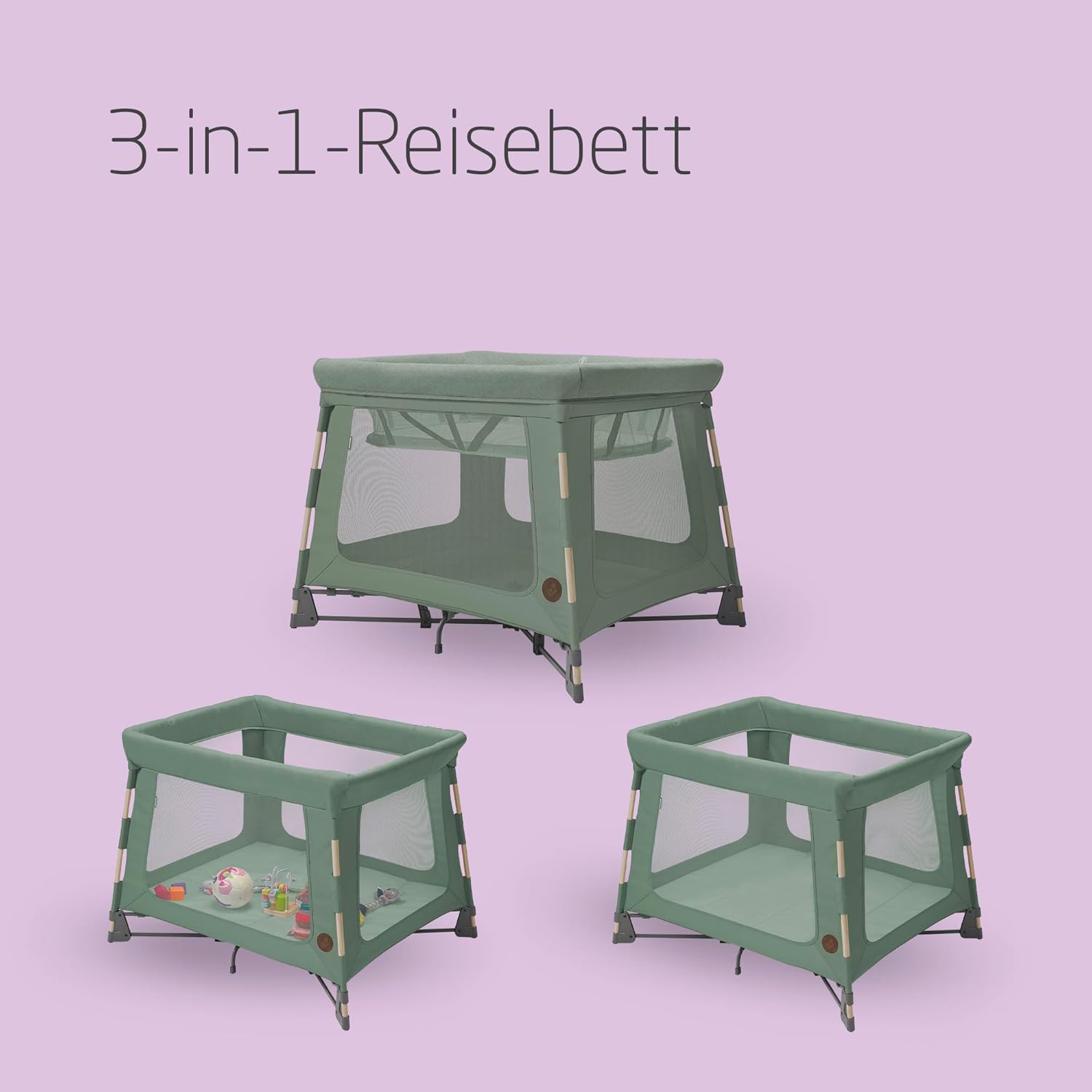 Maxi-Cosi Swift 3-in-1 Reisebett Baby, Babywiege, 0–3,5 Jahre, bis zu 15 kg, Reisebett höhenverstellbar, 2-in-1-Matratze, ultraleicht, in 1 Sekunde klappbar, Reisetasche, Eco Care, Beyond Grey