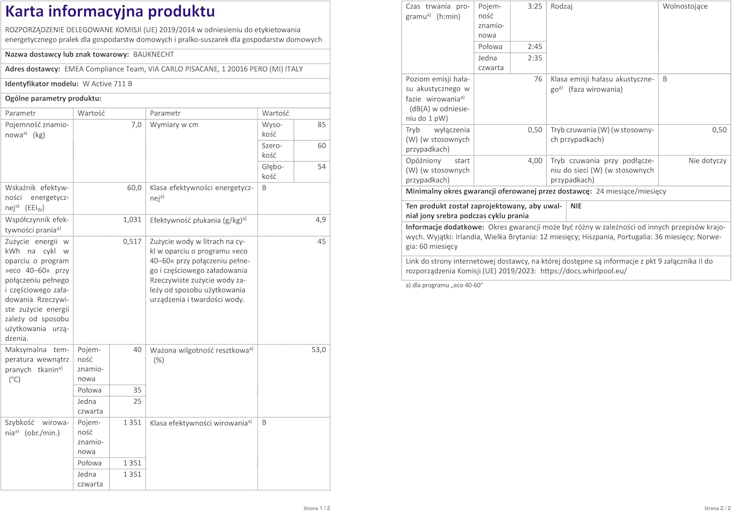Bauknecht W Active 711 B Waschmaschine-Frontlader/ 7kg/ 1400 U/min/Kraftvolle Fleckentfernung/Dampf Programme/Steam Hygiene mit Antivirus/Steam Refresh/Stopp&Add Funktion/Dynamic Inverter-Motor