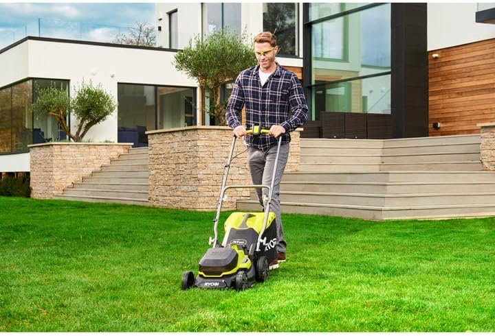 RYOBI 18 V ONE+ Akku-Rasenmäher RLM18X33B40 (Schnittbreite 33 cm, 5-fache Höhenverstellung 25-65 mm, zusammenklappbares Griffgestänge, inkl. Mulchkeil, 35l Grasfangsack, 4,0Ah Akku & Ladegerät)