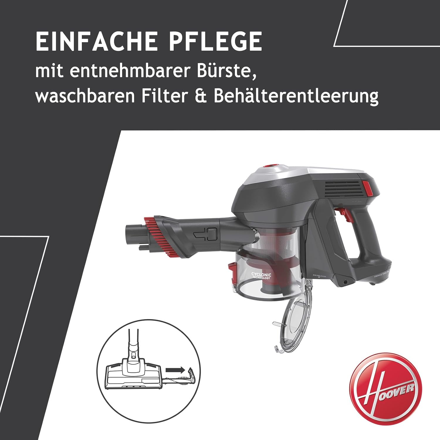 Hoover Akku-Staubsauger Tierhaare H-FREE 100 PETS ohne Beutel + Tierdüse I bis 40 Min. Laufzeit I Staubsauger kabellos mit LED, XL Staubbehlter & Parkfunktion I Akkusauger mit Fugendüse & Staubbürste