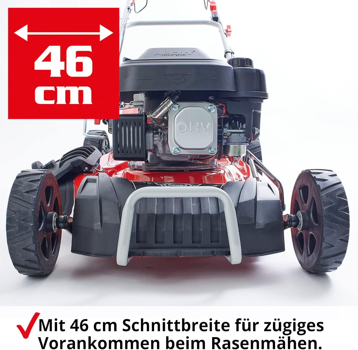 HECHT 5IN1 Rasenmäher Benzin – Bequemer Selbstantrieb - Für Flächen bis 1000 m² - Starker 4 Takt Motor mit 46 cm Schnittbreite – Radantrieb – Mulchfunktion – Seitenauswurf - Rasenmäher Benzin