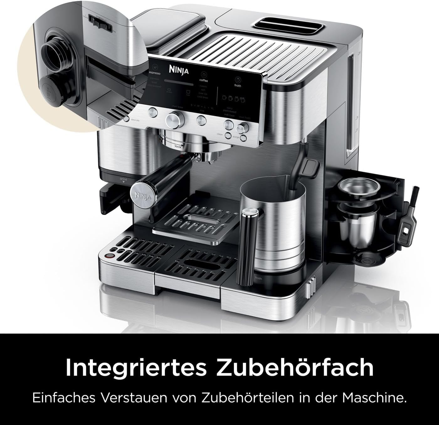 Ninja Luxe Essential 2-in-1-Kaffeemaschine mit Mahlwerk und Aufschäumer für Latte, Cappuccino & Espresso, einfache Handhabung, 2 Voreinstellungen zum Aufschäumen, Silber, ES501EU