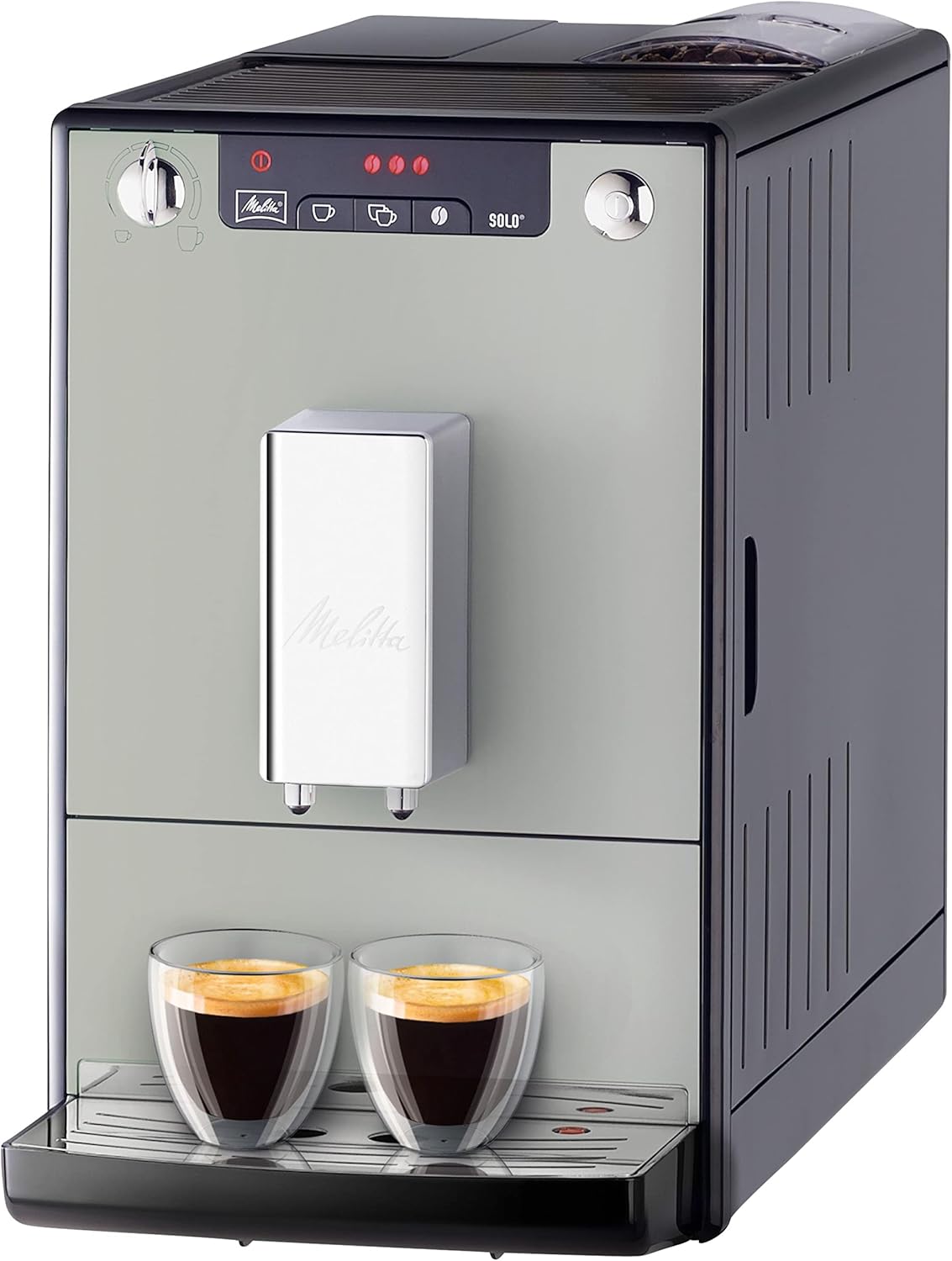 Melitta Solo - Kaffeevollautomat mit höhenverstellbarem Auslauf, kleine Kaffeemaschine mit abnehmbarem Wassertank, für z. B. Espresso oder Café Crème, silber