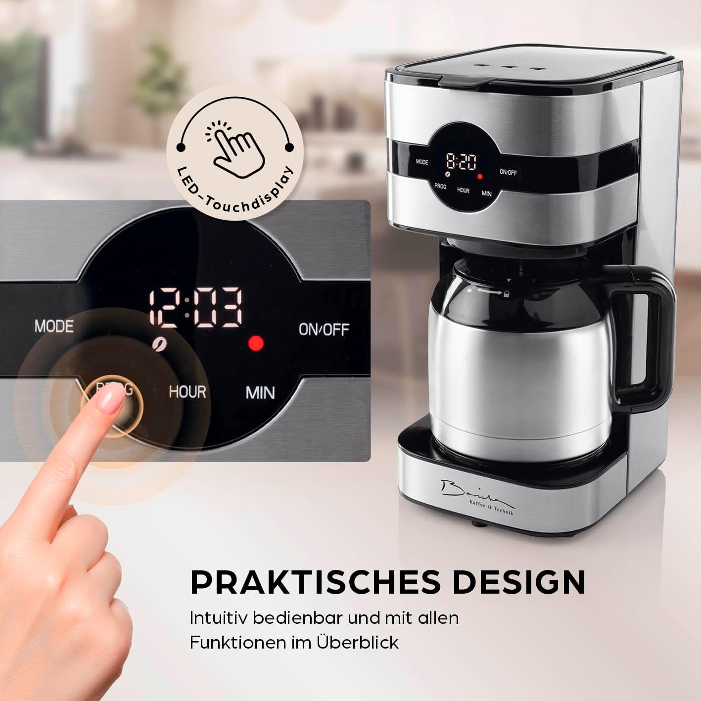 Barista Filterkaffeemaschine mit verstellbarem Mahlwerk & Thermokanne | Warmhaltefunktion, 24h Timer & Permanentfilter | Für 10 Tassen Kaffee | Kaffeemaschine für Bohnen & Pulver [Edelstahl]