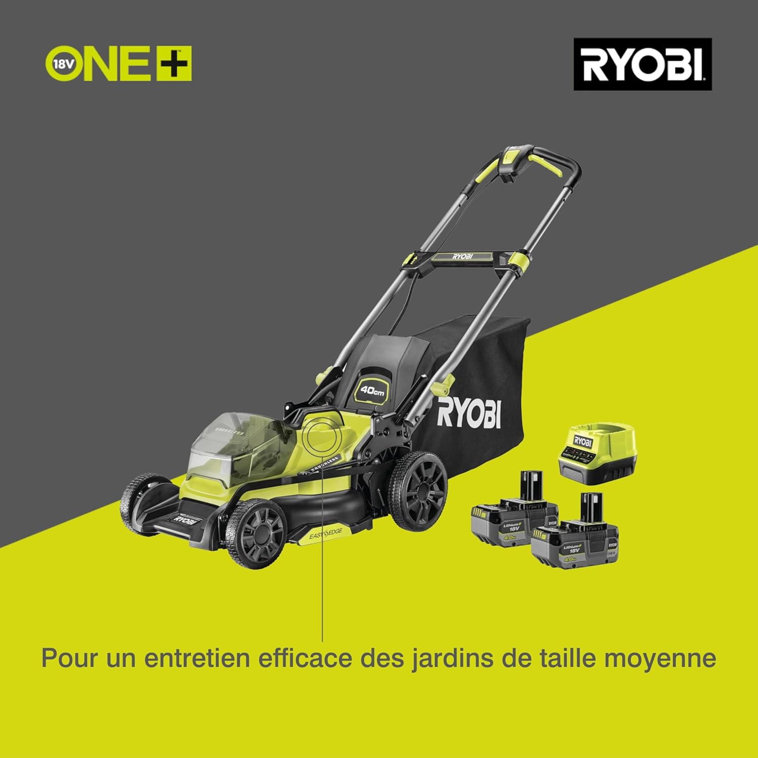 RYOBI 18 V ONE+ Akku-Rasenmäher RLM18X33B40 (Schnittbreite 33 cm, 5-fache Höhenverstellung 25-65 mm, zusammenklappbares Griffgestänge, inkl. Mulchkeil, 35l Grasfangsack, 4,0Ah Akku & Ladegerät)