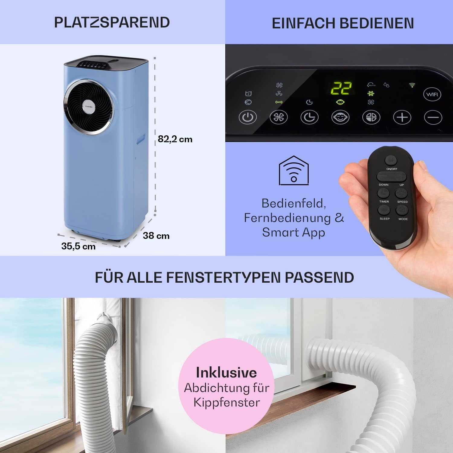 Klarstein Mobile Klimaanlage mit Abluftschlauch, 5-in-1 Klimagerät, Ventilator, Luftentfeuchter, Luftreiniger & Nachtmodus, App-Steuerung, Kleine & Portable, für Wohnung & Büro, 12000 BTU
