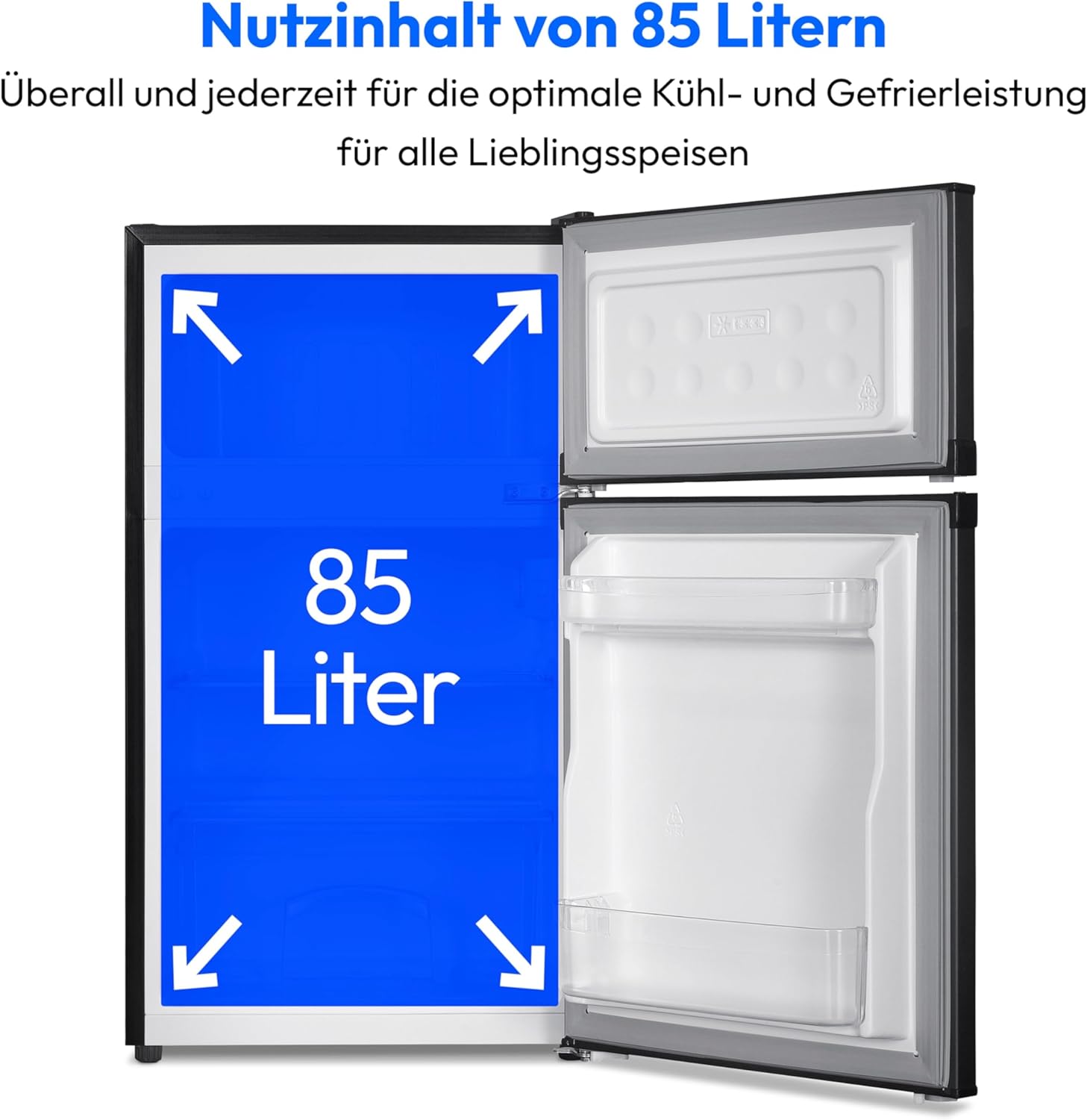 MEDION Mini Kühl-Gefrierkombination (85 Liter, 61L Kühlteil, 24L Gefrierteil, freistehend, 40 dB, transparente Gemüseschublade, Türanschlag wechselbar, MD 37689) grau