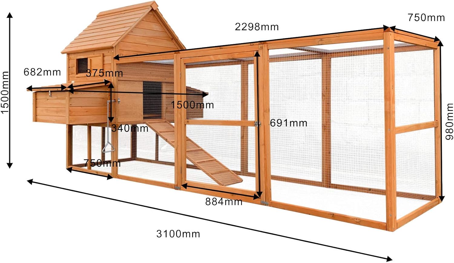 Wiltec Hühnerstall 3100 x 1500 x 1500 mm braun mit Freilauf und Nistkästen aus Holz, Hühnerhaus mit Unterschlupf, Gitter und Kotwanne verzinkt