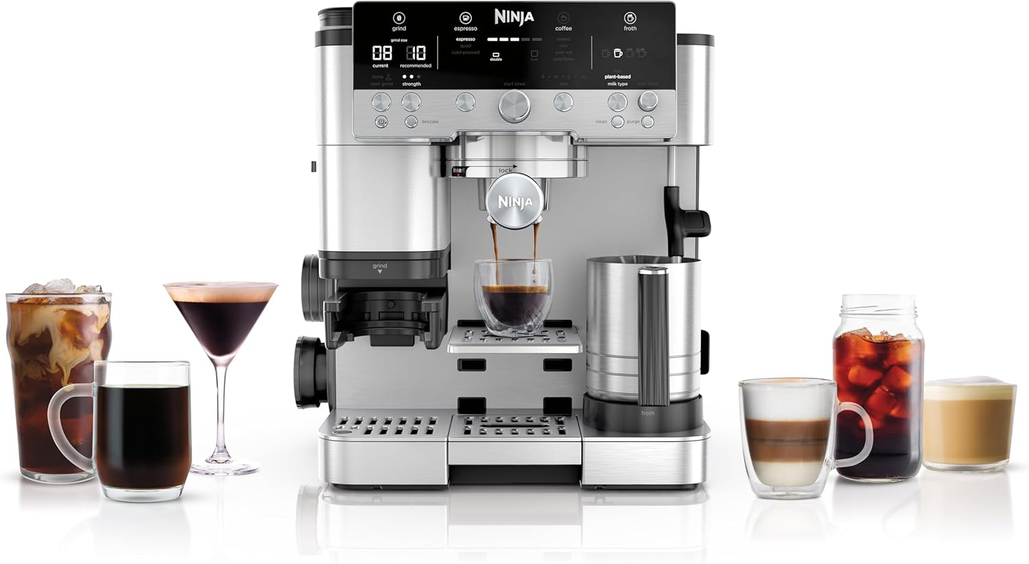 Ninja Luxe Essential 2-in-1-Kaffeemaschine mit Mahlwerk und Aufschäumer für Latte, Cappuccino & Espresso, einfache Handhabung, 2 Voreinstellungen zum Aufschäumen, Silber, ES501EU