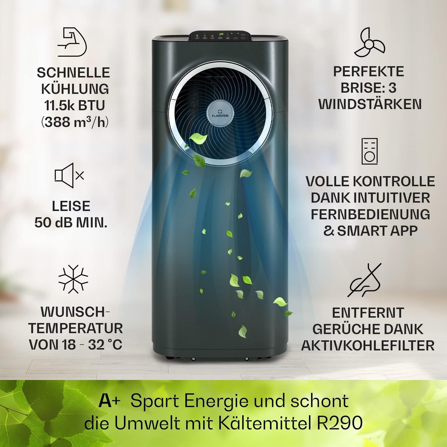 Klarstein Mobile Klimaanlage mit Abluftschlauch, 5-in-1 Klimagerät, Ventilator, Luftentfeuchter, Luftreiniger & Nachtmodus, App-Steuerung, Kleine & Portable, für Wohnung & Büro, 12000 BTU
