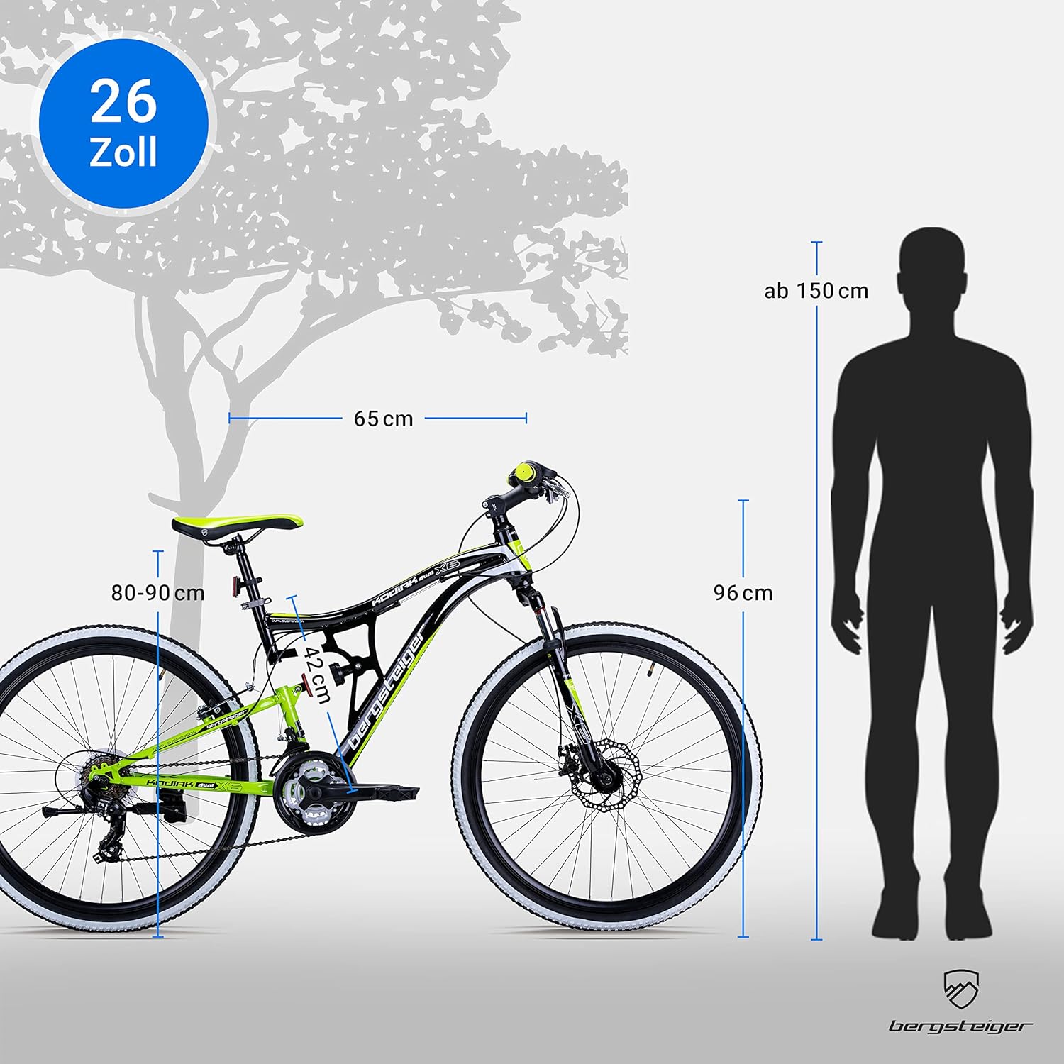 Bergsteiger Kodiak 26 Zoll, 29 Zoll Mountainbike, Scheibenbremse, Shimano 21 Gang-Schaltung, Vollfederung, Fully MTB für Jungen, Mädchen, Damen & Herren