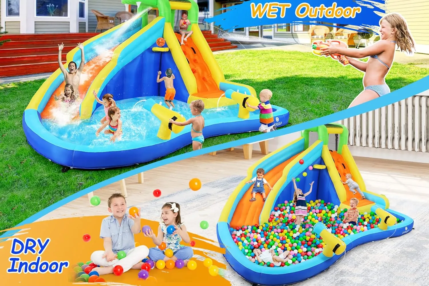 Aufblasbare Wasserrutschen für Kinder, 8-in-1-Hüpfburg-Wasserpark mit 450-W-Gebläse, Kletterwand, Planschbecken, 2 Wasserkanonen, Basketballkorb, Wasserrutsche, Krokodilsprinkler als Geschenk für eine Gartenparty