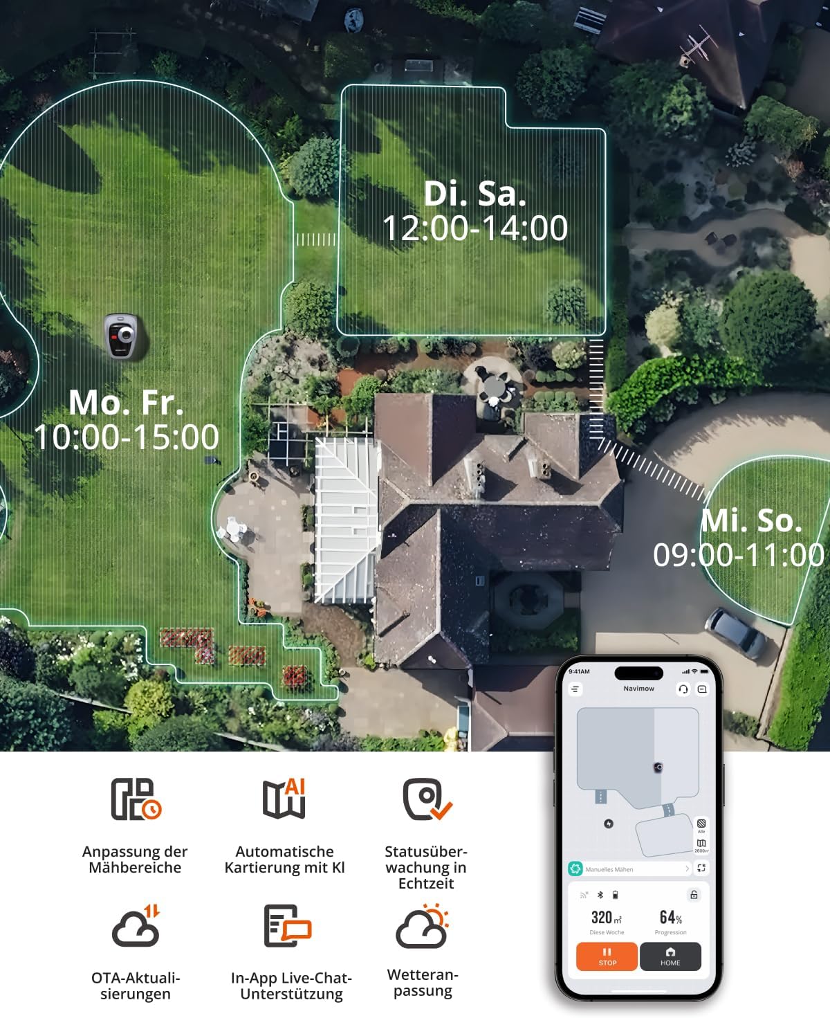 Navimow i105E Mhroboter ohne Begrenzungskabel 500 m, RTK+Vision Rasenmher Roboter, KI Automatische Kartierung, Virtuelle Begrenzung, Mehrzonen-Management
