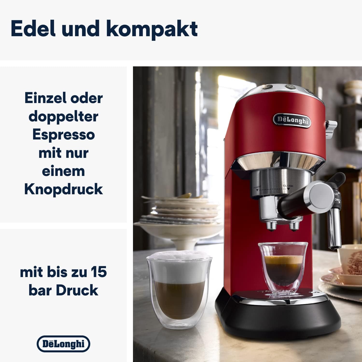 De'Longhi Dedica Style EC 685.M – Espresso Siebtrgermaschine, Espressomaschine mit professionellem Milchaufschumer, nur 15 cm breit, für Kaffeepulver oder ESE Pads, 1 l Wassertank, silber
