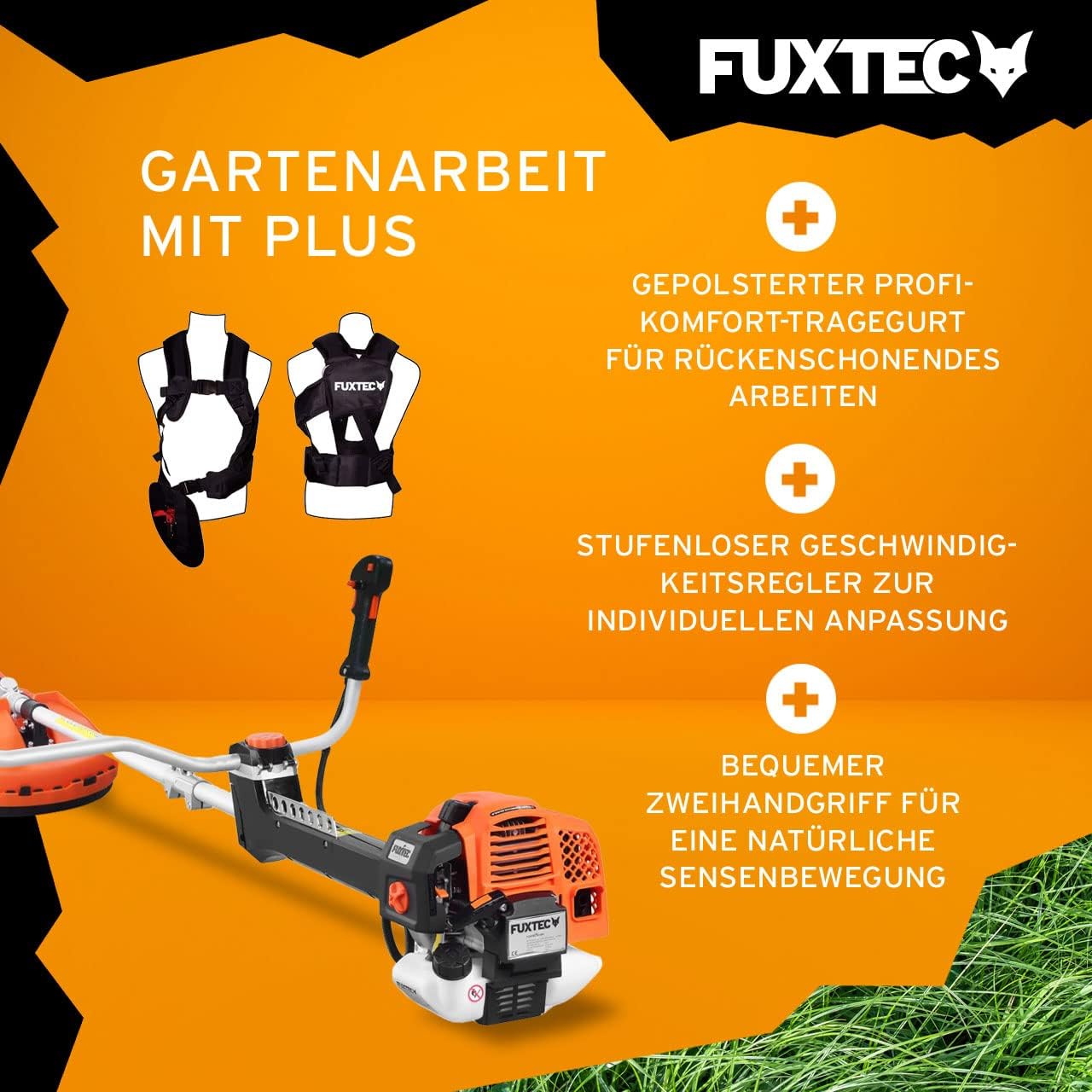 FUXTEC Profi Benzin Motorsense FX-PS162 – Profisense mit 62ccm, Faden und Komfort-Tragegurt – Rasentrimmer mit Antivibrationssystem – 2-Takt Freischneider Fadenspule