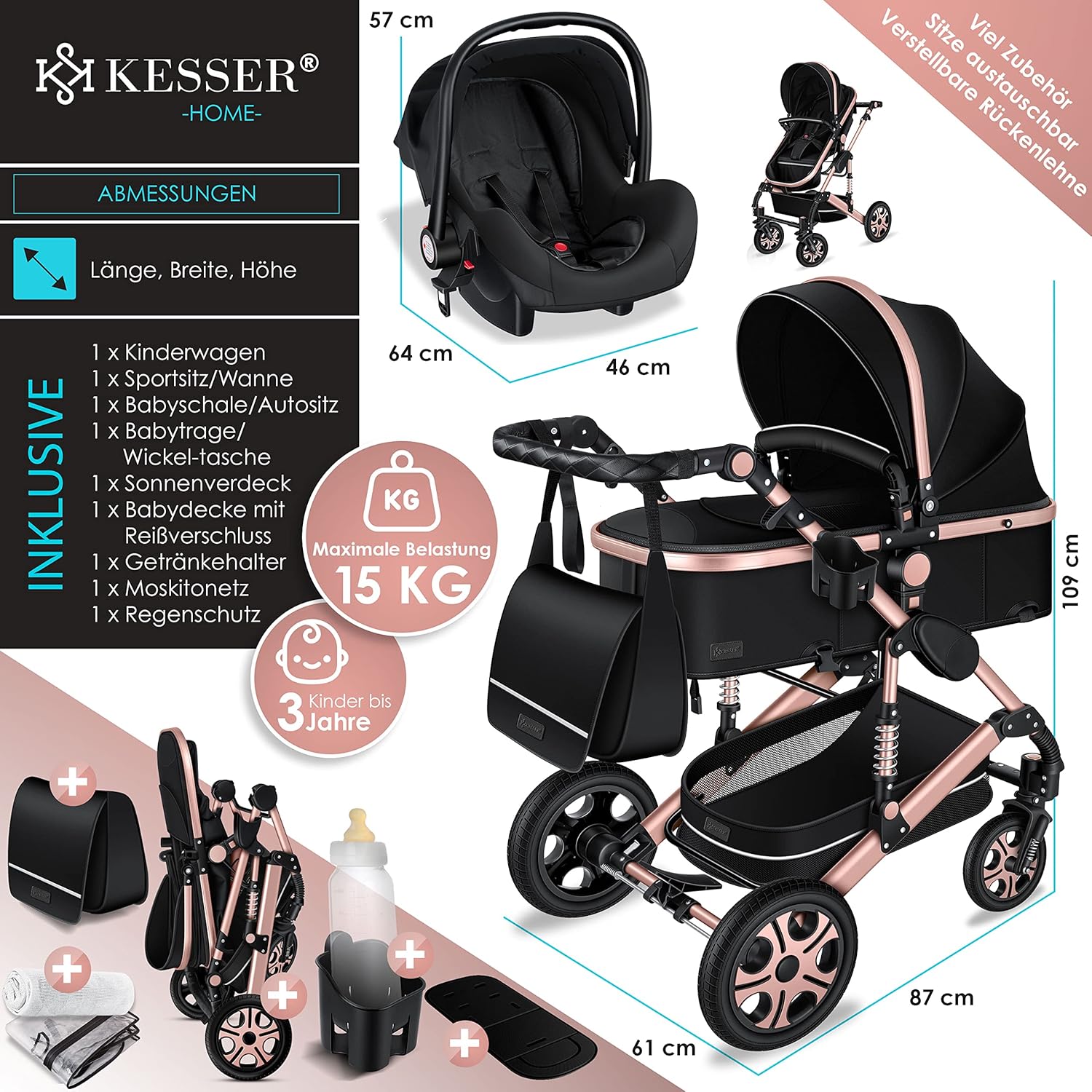 KESSER Loops 3 in 1 Kinderwagen Kombikinderwagen Komplett-Set inkl. Babywanne & Buggy Sportsitz & Auto-Babyschale Voll-Gummireifen Wickeltasche Regenschutz Kindertisch ECE R129, Schwarz/Champagne
