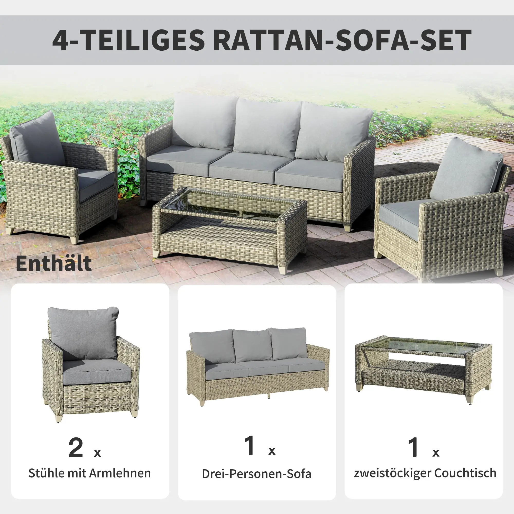 Outsunny Gartenmöbelset Rattan 5-teilig Outdoor Sofa Beistelltisch Aluminium