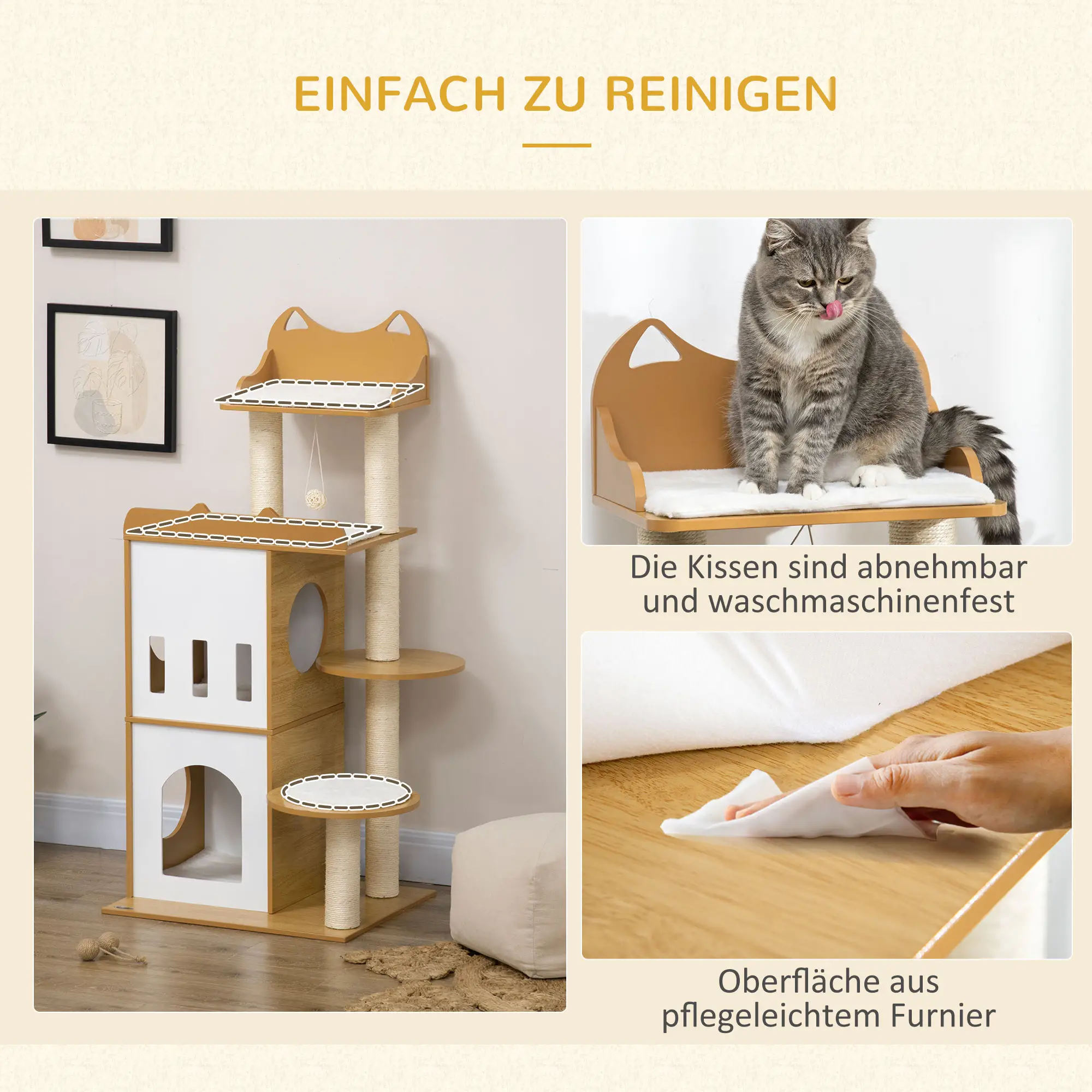 PawHut Kratzbaum Katzenmöbel mit Sisal-Kratzstämmen und Spielball Eiche Weiß