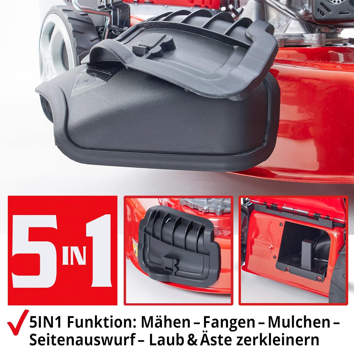 HECHT 5IN1 Rasenmäher Benzin – Bequemer Selbstantrieb - Für Flächen bis 1000 m² - Starker 4 Takt Motor mit 46 cm Schnittbreite – Radantrieb – Mulchfunktion – Seitenauswurf - Rasenmäher Benzin