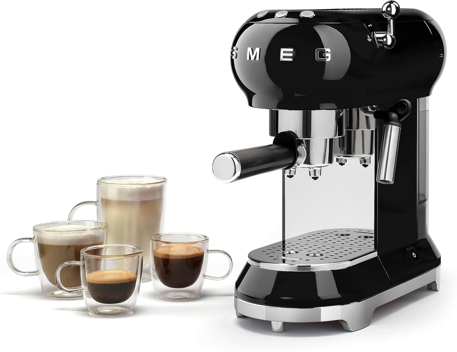 Smeg, ECF01WHEU Manual Espresso -Maschine, Cappuccino -System, Thermoblock, große Tassengehäuse und Doppelkaffeefunktion, 1 l Wassertank, kompakte Abmessungen, 1350W, Weiß