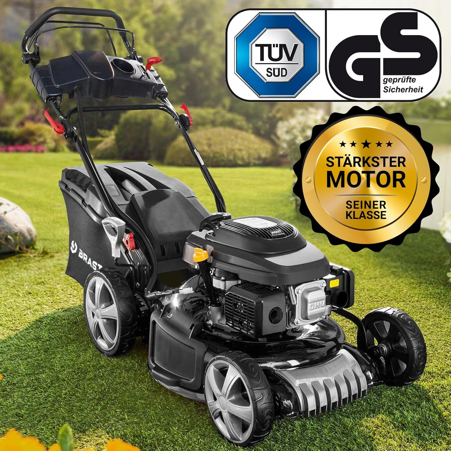 BRAST Benzin Rasenmäher mit Antrieb | 5,2kW(7PS) | Elektrostart | 48cm Schnittbreite | viele Modelle | TÜV | 4 Takt OHV Motor | 30-80mm Schnitthöhe | 60L Fangkorb | Stahlgehäuse | 19224 ESTART Speed