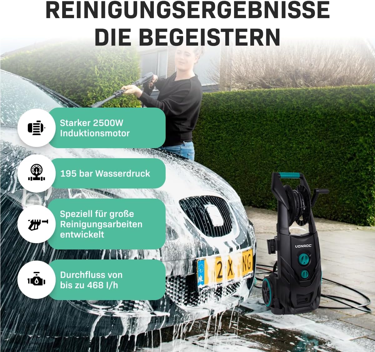 VONROC Profi Hochdruckreiniger 195bar - Fassadenreiniger für schwere Reinigungsarbeiten [2500W] - Hoher Durchfluss [468 l/h] Reinigungstank, Aluminium Pumpe - inkl. Terassenreiniger