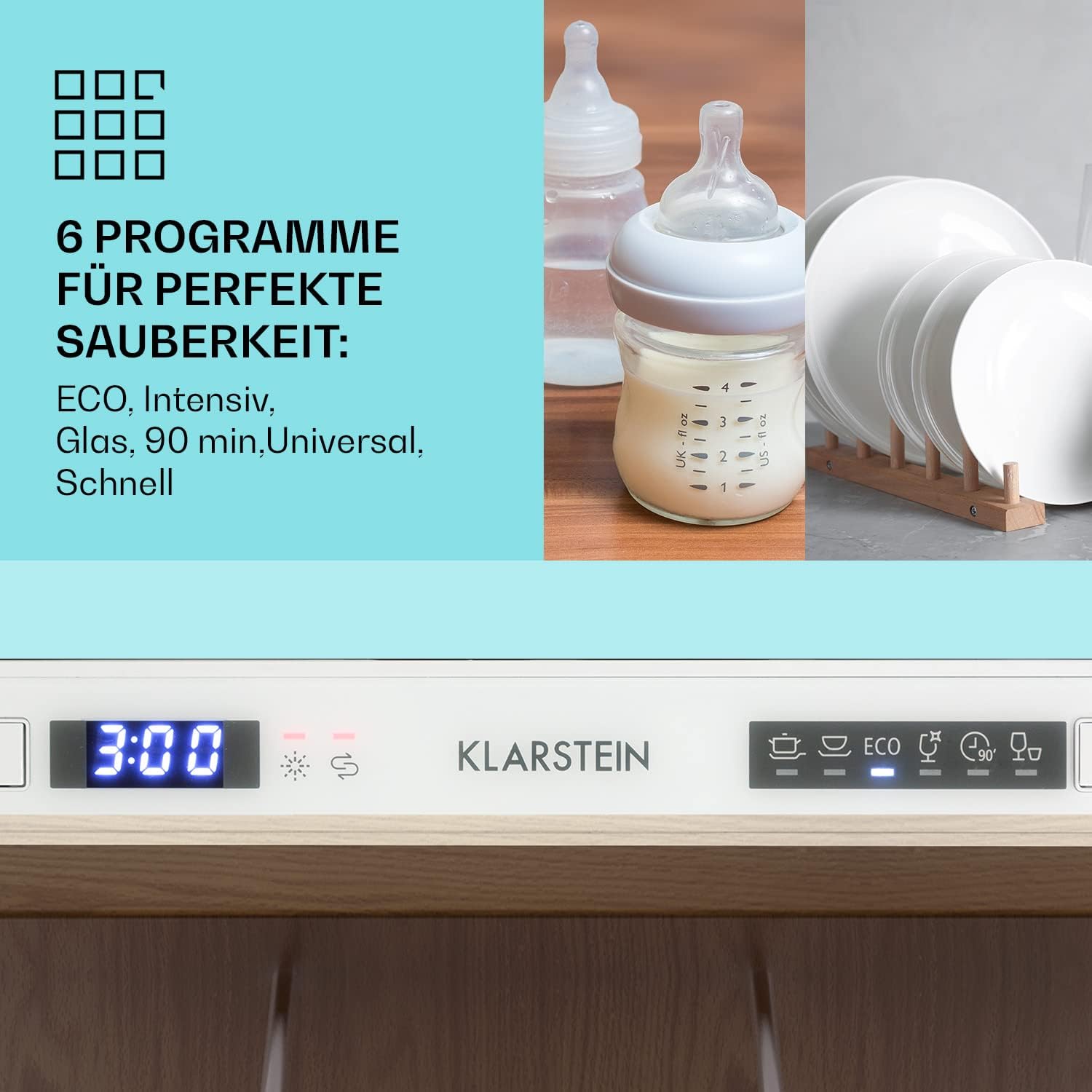 Klarstein ia 8 - Spülmaschine, Geschirrspüler, Freistehend, Teilintegriert, F, 55 cm breit, 8 Maßgedecke, 6 Programme, Aquastop, silber