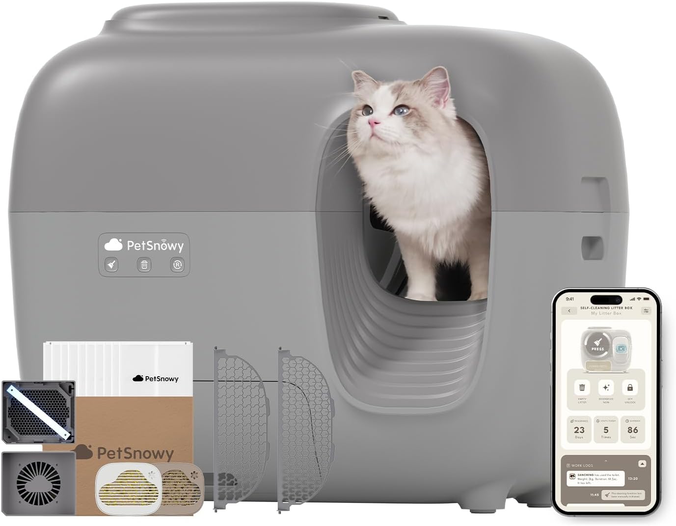 PetSnowy Katzenklo Selbstreinigend Katzentoilette mit TiO2-Geruchskontrollsystem, App-Steuerung, Auto-Packing für große Katzen & Mehrkatzenhaushalte 1,5-9 kg, Max Kapazität von 83L (2025 Premium)