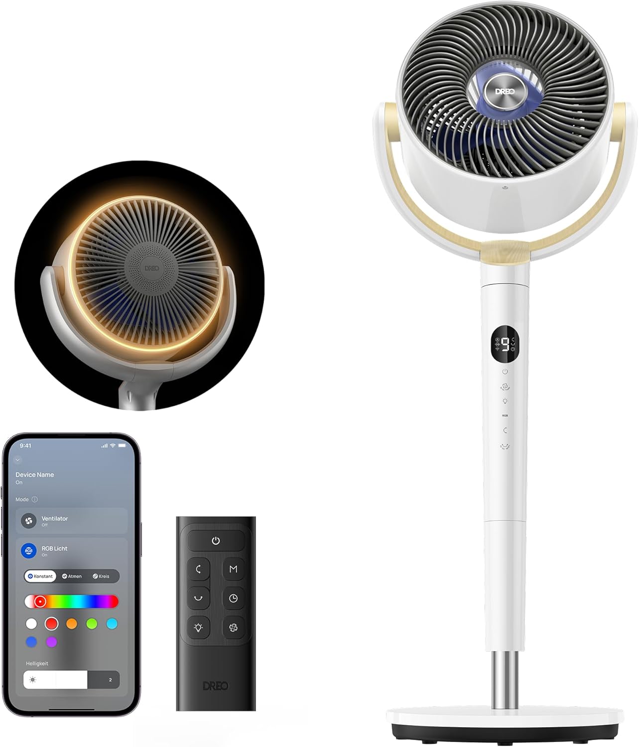 Dreo Smart Standventilator mit RGB Light, 120° +120° Oszillierender Ventilator mit Fernbedienung, 20dB Leiser Bodenventilator für Schlafzimmer, 8H Timer, Silber