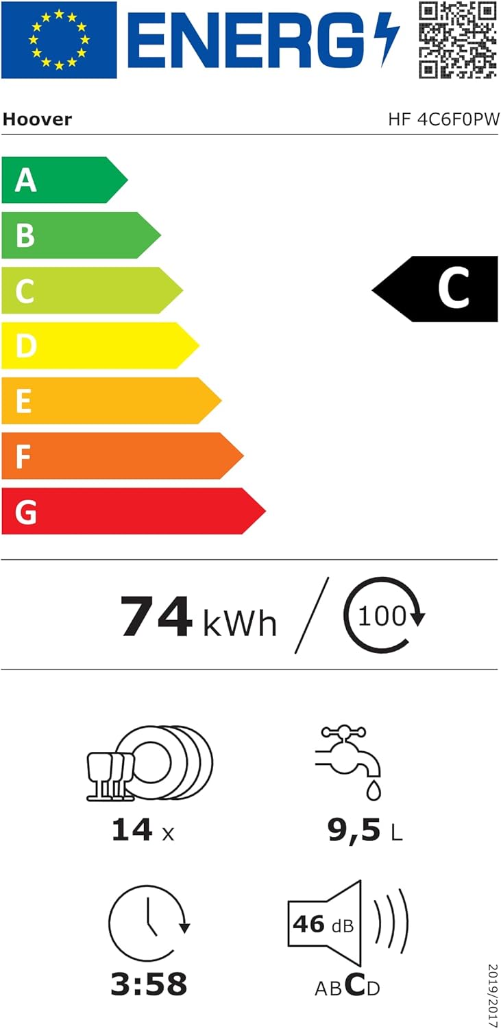 Hoover HF 4C6F0PW Geschirrspüler; 14 Maßgedecke; Freistehend, 60 cm breit; Energieeffizienzklasse C; Smarte Bedienung mit WiFi + Bluetooth-Technologie