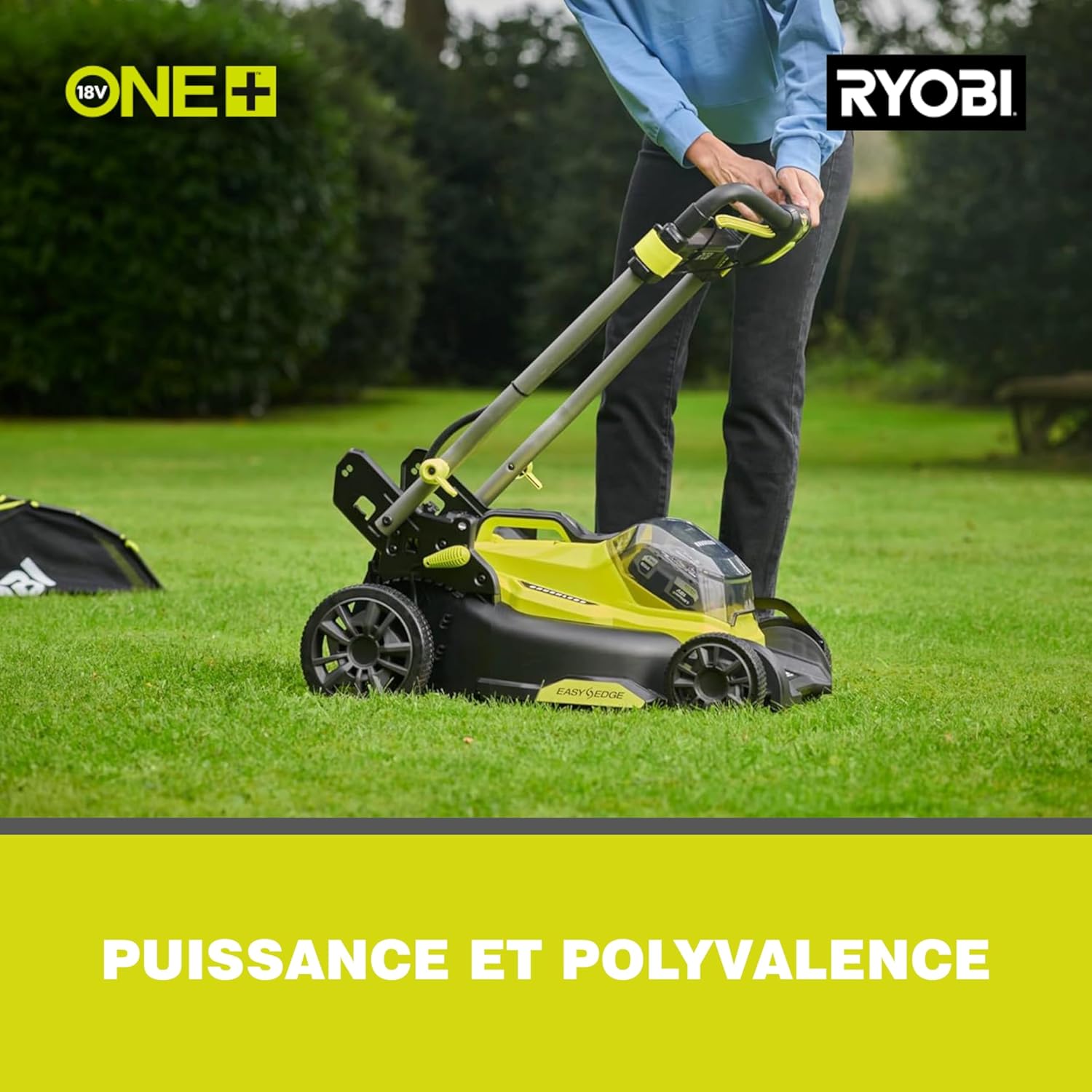 RYOBI 18 V ONE+ Akku-Rasenmäher RLM18X33B40 (Schnittbreite 33 cm, 5-fache Höhenverstellung 25-65 mm, zusammenklappbares Griffgestänge, inkl. Mulchkeil, 35l Grasfangsack, 4,0Ah Akku & Ladegerät)