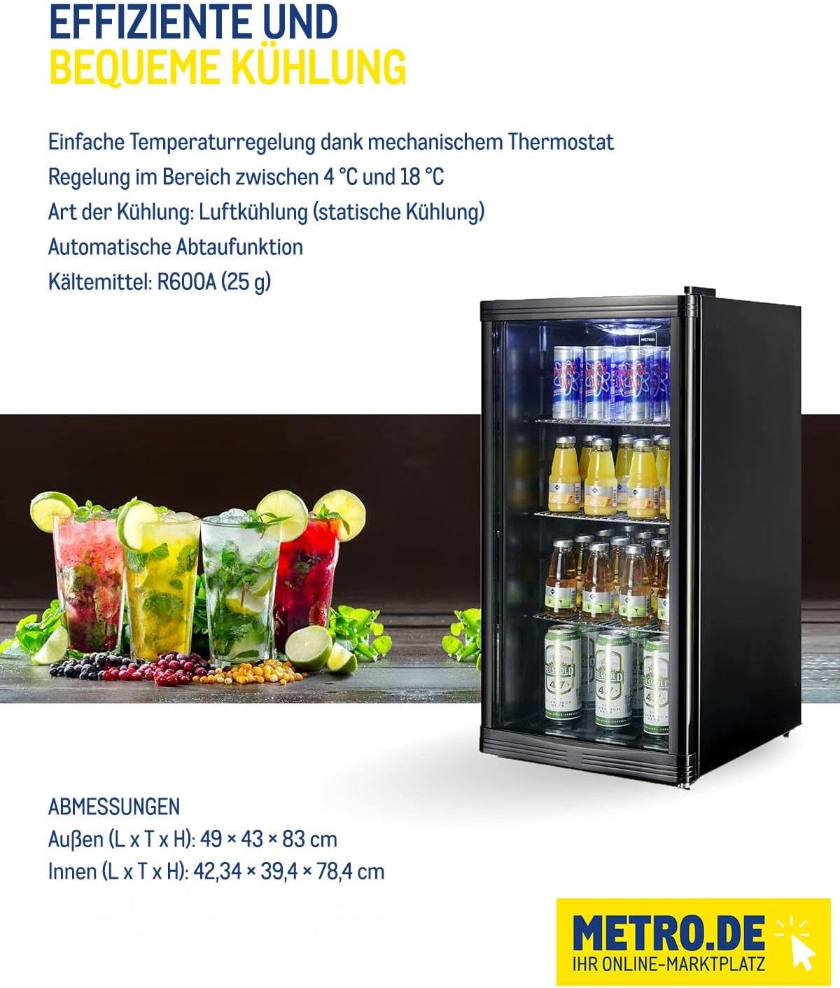 METRO Professional Mini-Kühlschrank GPC1088, 88 L, 1.052 kWh/24h, 3 Edelstahl-Drahtböden, schwarz