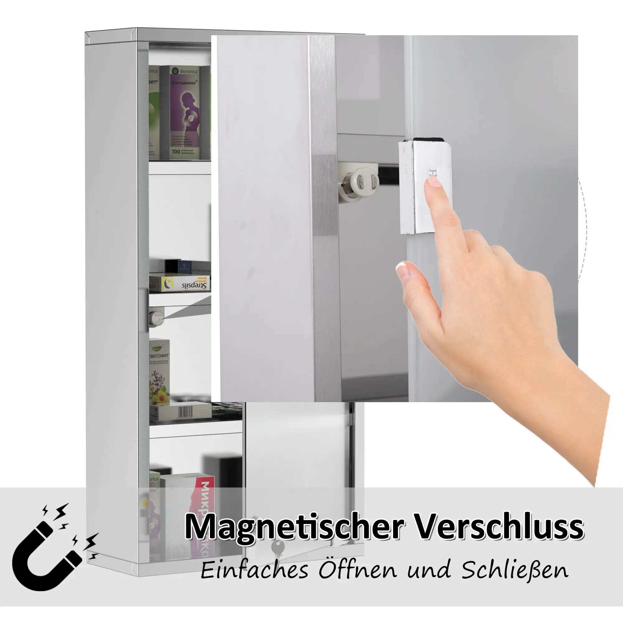 HOMCOM Medizinschrank abschließbar Tip-On Automatik Edelstahl